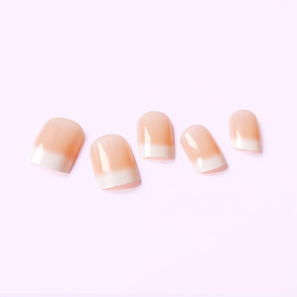 Square Short Stick On Nails,MouyouGlow Nude Gradient White Press On Nails 24Pcs False Nails With Glue,Acrylic Full Cover Fake Nails for Woman