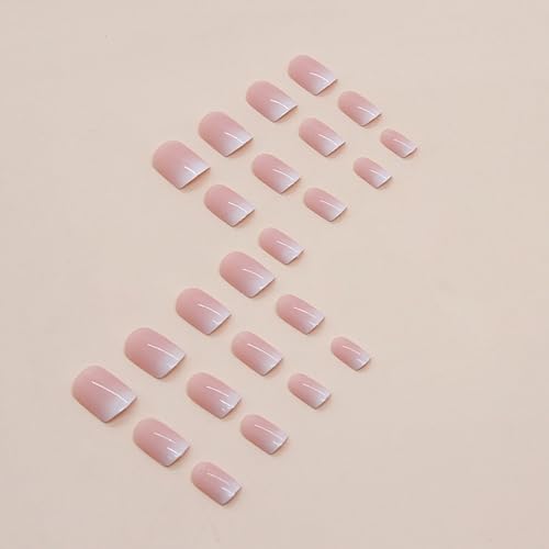 Ceboic 24Pcs Square False Nails Short, Pink Gradient French Tip Nude Press on Nails, Glossy Removable Glue on Nails with Glue Stickers, Acrylic Full Cover Stick on Nails for Women and Girls