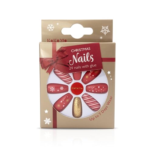 Christmas False Nails - Adult - 24pcs with glue - Red & Gold Festive Nails