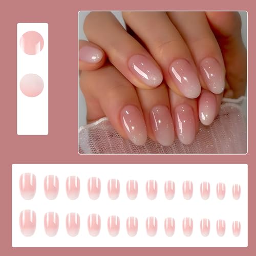 24Pcs French Tip Press on Nails Short, Almond False Nails Pink White Gradient Ballerina Acrylic Full Cover Stick on Nails, Oval Reusable Artificial Glue on Fake Nails for Women and Girls Nail Art