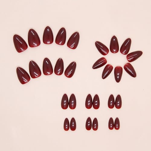 Ceboic Almond False Nails Medium, 24Pcs Wine Red French Tip Press on Nails Glossy Pure Color Gel Fake Nails, Natural Burgundy Glue on Nails Full Cover Acrylic Oval Stick on Nails for Women and Girls