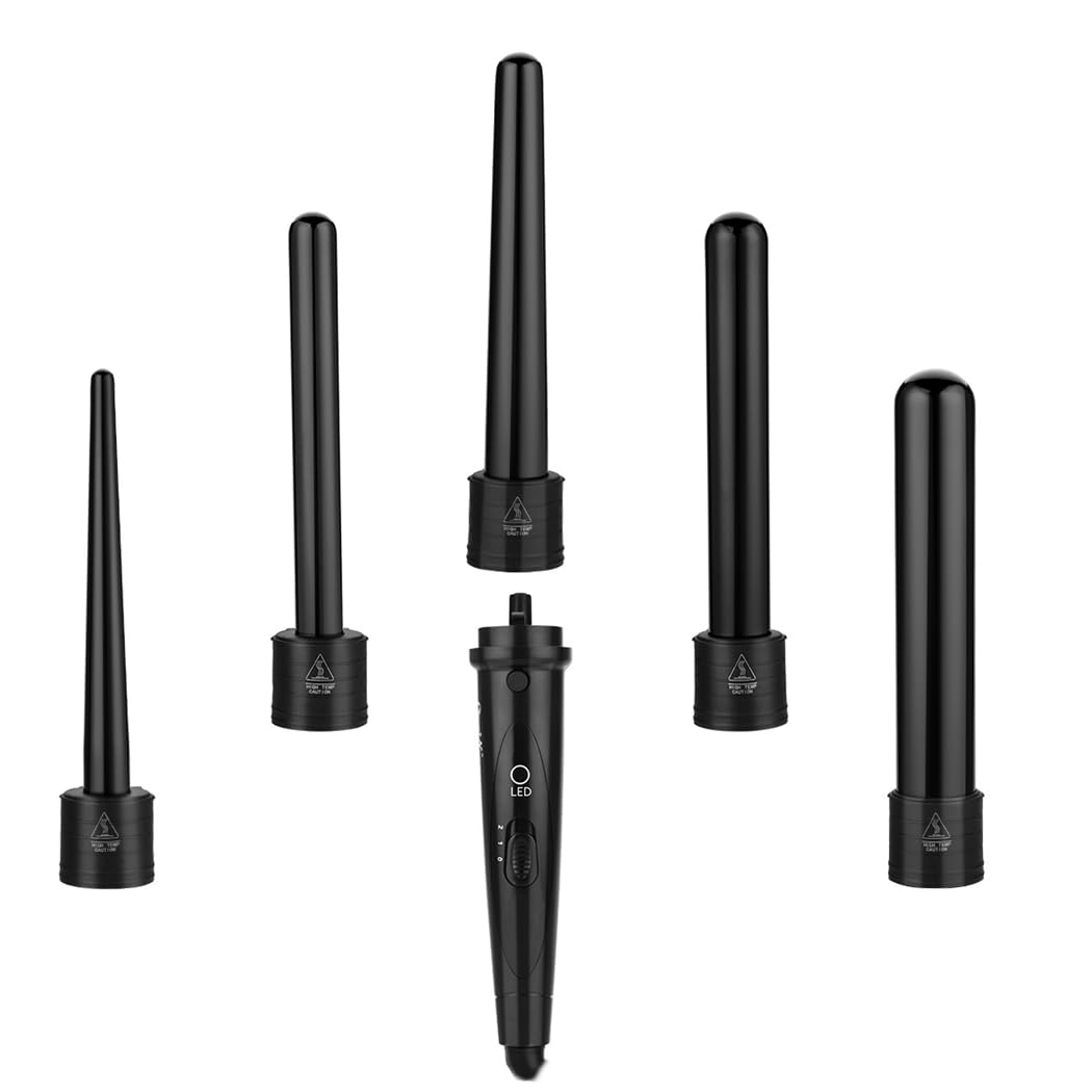 Ceramic Curling Wand, CkeyiN 5 in 1 Hair Curlers Wand with Temperature Control Professional Curling Iron for Long Short Thick Fine Hair, 360° Swivel, Black