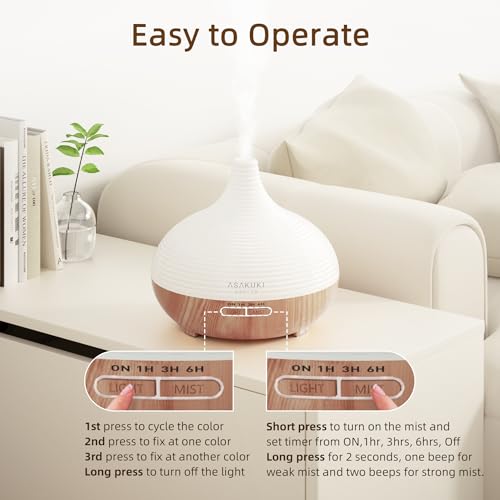 ASAKUKI Essential Oil Diffusers, 300ML Diffusers for Home, Ultrasonic Aromatherapy Diffuser with Auto Shut Off, 4 Timing Set, 7 LED Lights for Home Office Sleep