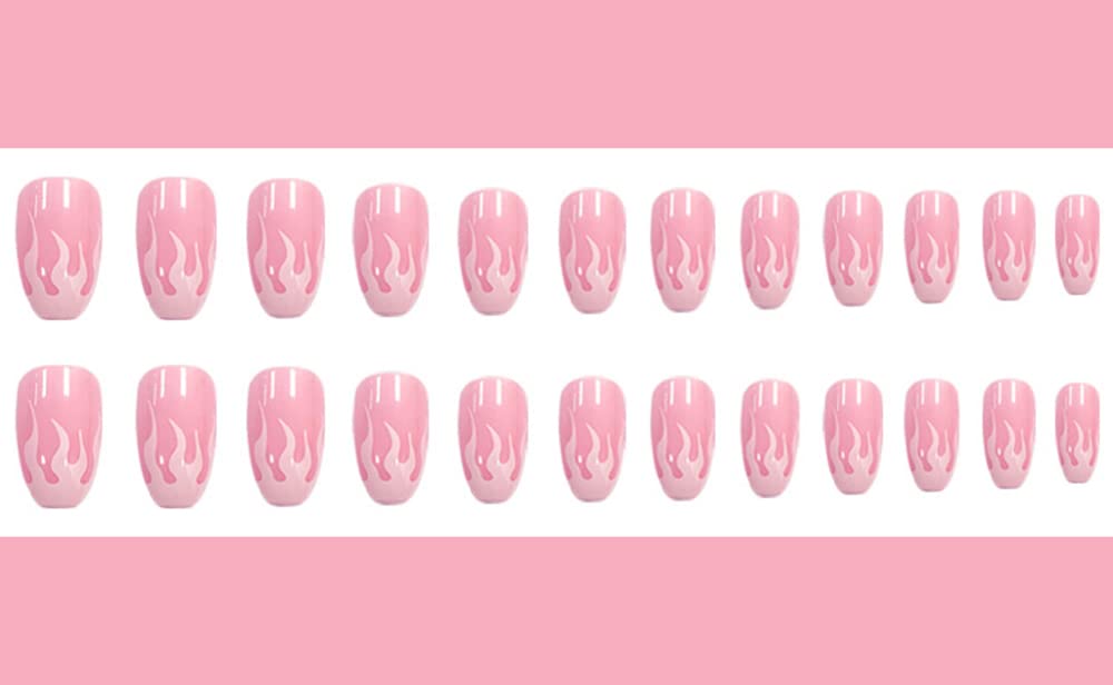 24PCS Short False Nails with Glue Stickers, Coffin Ballerina Fire Design Full Cover Acrylic Nails Press on Nails no Glue,Pink Flame French Fake Nails Stick on Nails for Women and Girls Nail Art.