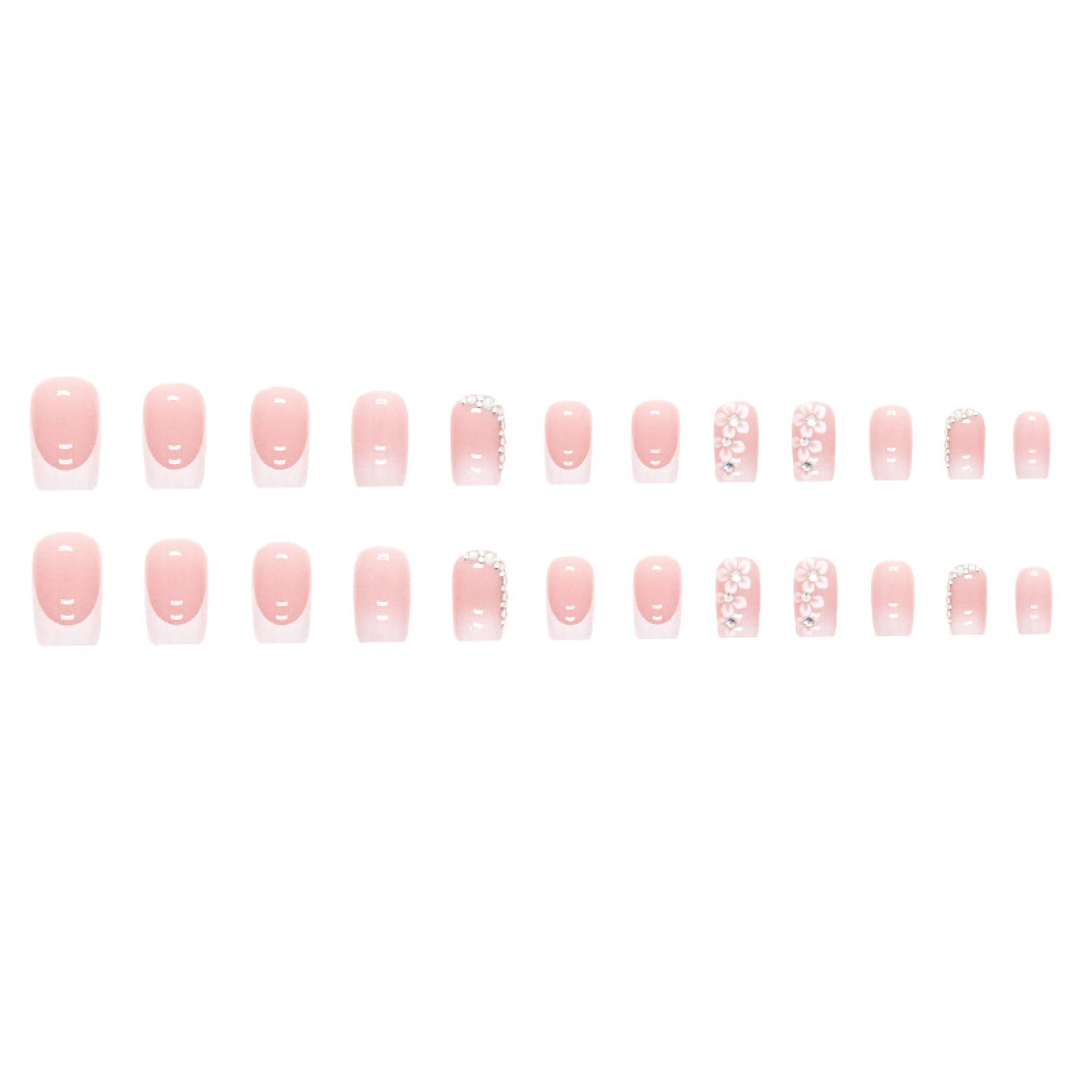 24pcs French False Nails White Tip Square Stick on Nails Flower Press on Nails with Rhinestones Removable Glue-on Nails Fake Nails Women Girls Nail Art Accessories