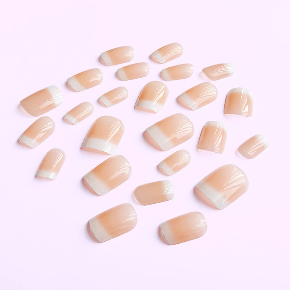 Square Short Stick On Nails,MouyouGlow Nude Gradient White Press On Nails 24Pcs False Nails With Glue,Acrylic Full Cover Fake Nails for Woman