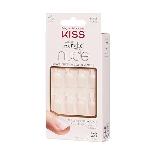 KISS Salon Acrylic French Nude Collection, Breathtaking, Real Short Length Nude Fake Nails, Includes 28 False Nails, Nail Glue, Nail File, and Manicure Stick