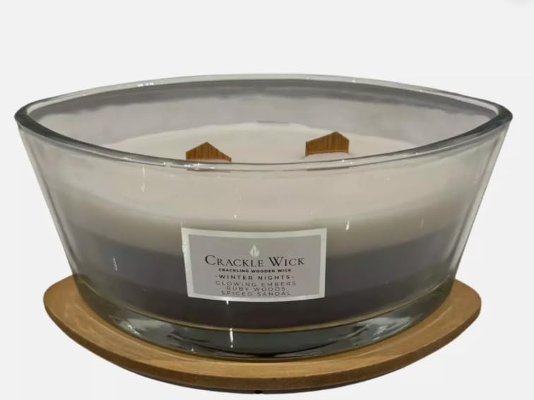 Crackle Wick Scented Candle, Ellipse Glass Jar with Lid, 485g, Cosy Winter Nights, Long-Lasting Aromas Glowing Embers, Ruby Woods, and Spiced Sandal Scented