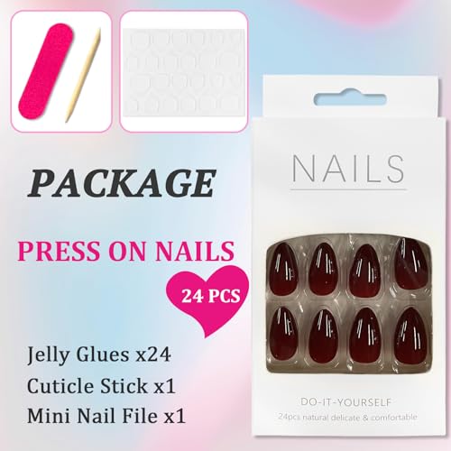 Ceboic Almond False Nails Medium, 24Pcs Wine Red French Tip Press on Nails Glossy Pure Color Gel Fake Nails, Natural Burgundy Glue on Nails Full Cover Acrylic Oval Stick on Nails for Women and Girls