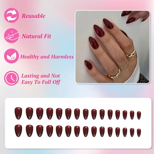 Ceboic Almond False Nails Medium, 24Pcs Wine Red French Tip Press on Nails Glossy Pure Color Gel Fake Nails, Natural Burgundy Glue on Nails Full Cover Acrylic Oval Stick on Nails for Women and Girls