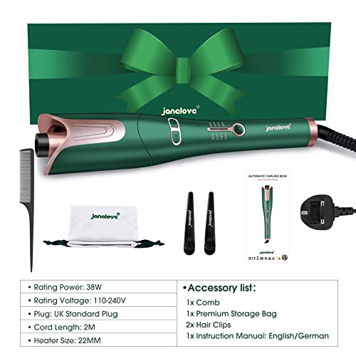janelove Automatic Hair Curler, Curling Wand, Hair Curlers for Long Hair,170°-230° Adjustable Temperature,Ceramic Barrel, with Portable Storage Bag,(Green&Gold)