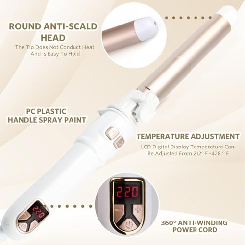 Automatic Rotating Hair Curler, 28mm Curling Tongs Fast Heating Ceramic Barrel Adjustable Temperature 100-220℃ Timer with LCD Display, Auto Off