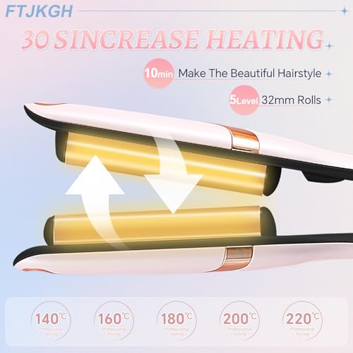 FTJKGH Hair Waver Hair Crimpers for Women - Hair Curler for Women and Girls Mermaid Wave Curling Iron Professional Crimping with 5 Heat Setting Anti-Scald Hair Care for Wide Deep Waves (Pink)