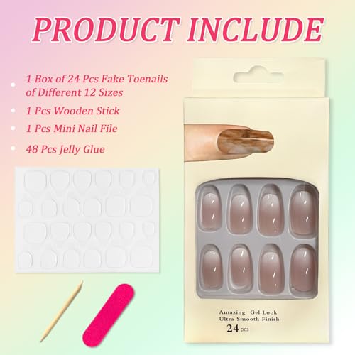 24Pcs French Tip Press on Nails Short, Almond False Nails Pink White Gradient Ballerina Acrylic Full Cover Stick on Nails, Oval Reusable Artificial Glue on Fake Nails for Women and Girls Nail Art