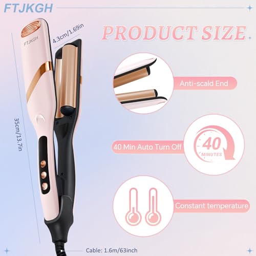 FTJKGH Hair Waver Hair Crimpers for Women - Hair Curler for Women and Girls Mermaid Wave Curling Iron Professional Crimping with 5 Heat Setting Anti-Scald Hair Care for Wide Deep Waves (Pink)