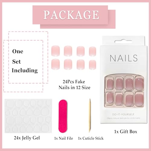 Ceboic 24Pcs Square False Nails Short, Pink Gradient French Tip Nude Press on Nails, Glossy Removable Glue on Nails with Glue Stickers, Acrylic Full Cover Stick on Nails for Women and Girls