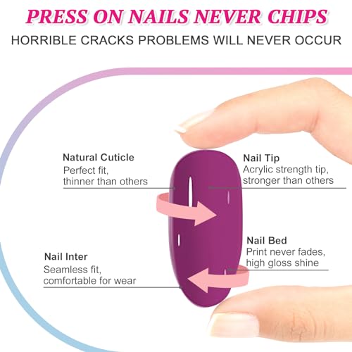 Ceboic Almond False Nails Medium, 24Pcs Wine Red French Tip Press on Nails Glossy Pure Color Gel Fake Nails, Natural Burgundy Glue on Nails Full Cover Acrylic Oval Stick on Nails for Women and Girls