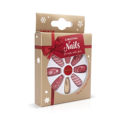 Christmas False Nails - Adult - 24pcs with glue - Red & Gold Festive Nails