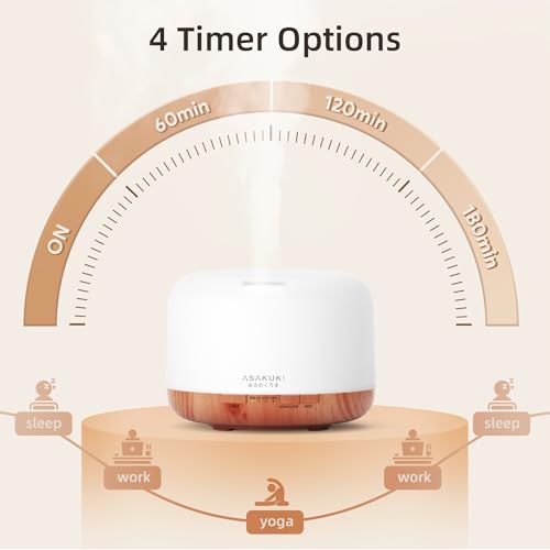 ASAKUKI Essential Oil Diffuser 500ML, Diffusers for Home with Remote Control, 5 in 1 Ultrasonic Aromatherapy Diffuser with Auto Shut Off, 4 Timing Set, 7 LED Lights for Home Office Sleep