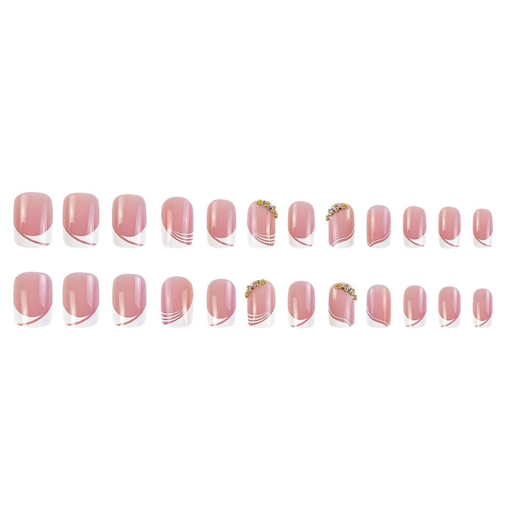 False Nails Short, French Stick on Nails, 24pcs Square Pink Press On Nails with Glue Elegant Design Sweet Fake Nails for Women Girls (Sweet French)