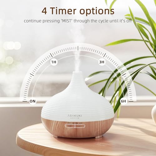 ASAKUKI Essential Oil Diffusers, 300ML Diffusers for Home, Ultrasonic Aromatherapy Diffuser with Auto Shut Off, 4 Timing Set, 7 LED Lights for Home Office Sleep