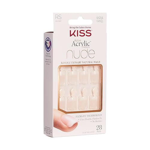 KISS Salon Acrylic French Nude Collection, Breathtaking, Real Short Length Nude Fake Nails, Includes 28 False Nails, Nail Glue, Nail File, and Manicure Stick