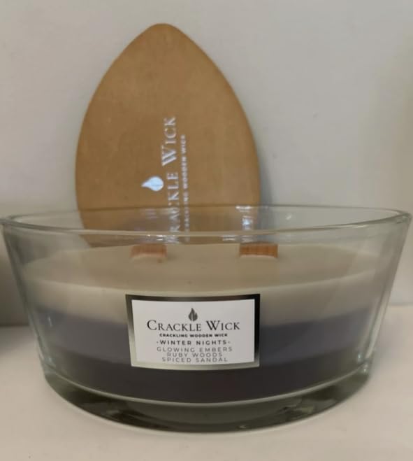 Crackle Wick Scented Candle, Ellipse Glass Jar with Lid, 485g, Cosy Winter Nights, Long-Lasting Aromas Glowing Embers, Ruby Woods, and Spiced Sandal Scented