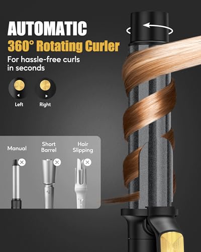 Terviiix Curling Iron 32mm, Automatic Rotating Curling Iron, Automatic Hair Curler for Long Hair, Ceramic Curling Wand Infused Argan Oil & Keratin with Clamp, 9 Heat Settings, Travel Insulated Pouch