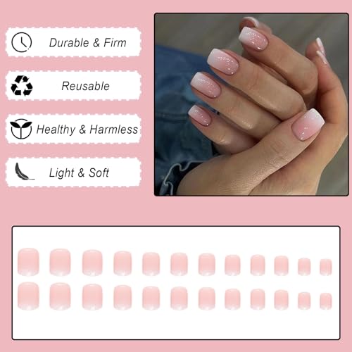 Ceboic 24Pcs Square False Nails Short, Pink Gradient French Tip Nude Press on Nails, Glossy Removable Glue on Nails with Glue Stickers, Acrylic Full Cover Stick on Nails for Women and Girls