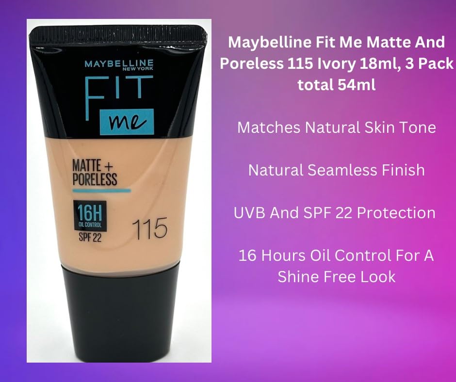 Maybelline Fit Me Foundation Matte & Poreless 115 Ivory 18ml Pack of 3