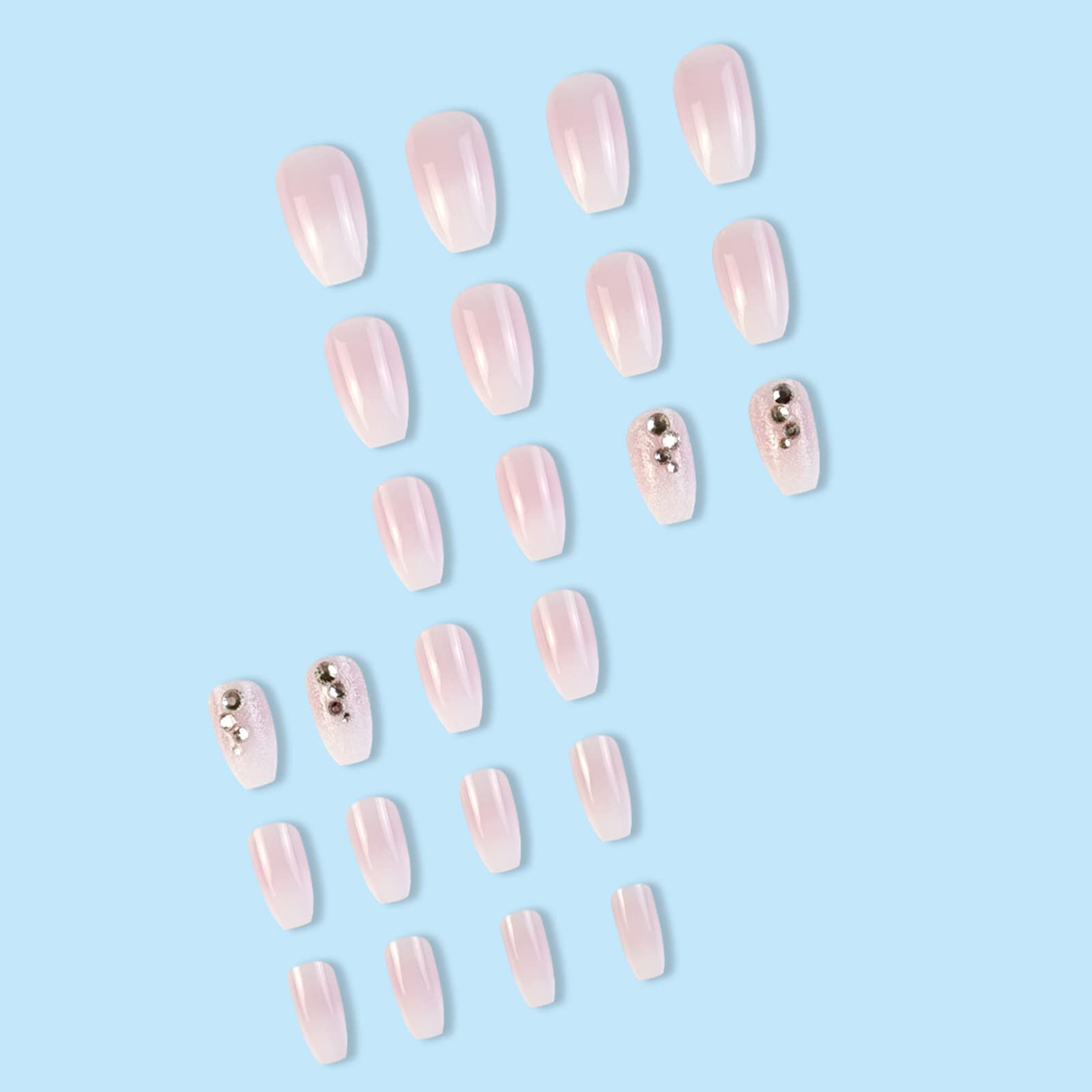 24Pcs Medium False Nails Coffin, French Tip Stick on Nails Pink Glitter Press on Nails, Nude Fake Nails Set with Rhinestones Designs, Acrylic Full Cover Glue-on Nails for Women Girls