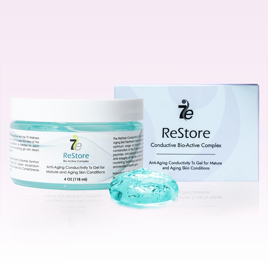 7E Wellness ReStore Conductive Gel with Bio-Active Complex - 4oz - Facial Skin Care Products with Green Tea Extract, Hyaluronic Acid, and Collagen Peptides - Anti Aging and Skin Tightening