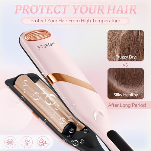 FTJKGH Hair Waver Hair Crimpers for Women - Hair Curler for Women and Girls Mermaid Wave Curling Iron Professional Crimping with 5 Heat Setting Anti-Scald Hair Care for Wide Deep Waves (Pink)