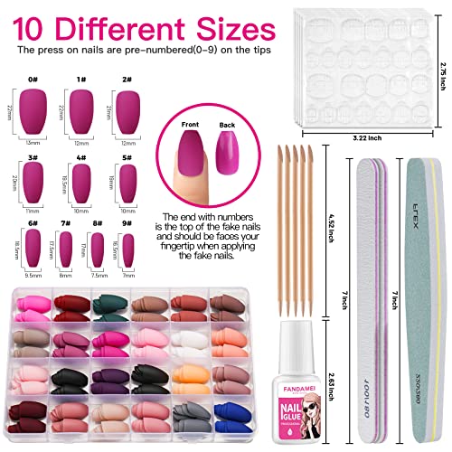 24 Packs 576PCS Matte Press on Nails Medium Length, FANDAMEI Medium Coffin Fake Nails Full Cover, Acrylic Short Ballerina False Nail tips with Nail Glue, Nail Adhesive Tabs, Nail File for Nail Art DIY