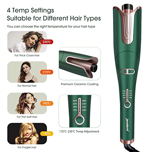 janelove Automatic Hair Curler, Curling Wand, Hair Curlers for Long Hair,170°-230° Adjustable Temperature,Ceramic Barrel, with Portable Storage Bag,(Green&Gold)