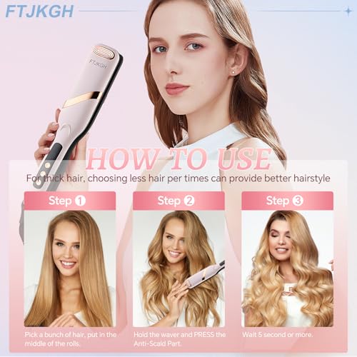 FTJKGH Hair Waver Hair Crimpers for Women - Hair Curler for Women and Girls Mermaid Wave Curling Iron Professional Crimping with 5 Heat Setting Anti-Scald Hair Care for Wide Deep Waves (Pink)
