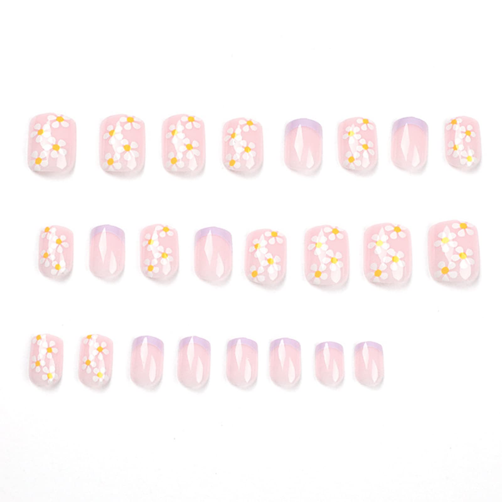 24pcs French Tip False Nails Short Stick on Nails Square Press on Nails Daisy Flower Removable Glue-on Nails Purple Fake Nails Acrylic Full Cover Nails Women Girls Nail Art Accessories