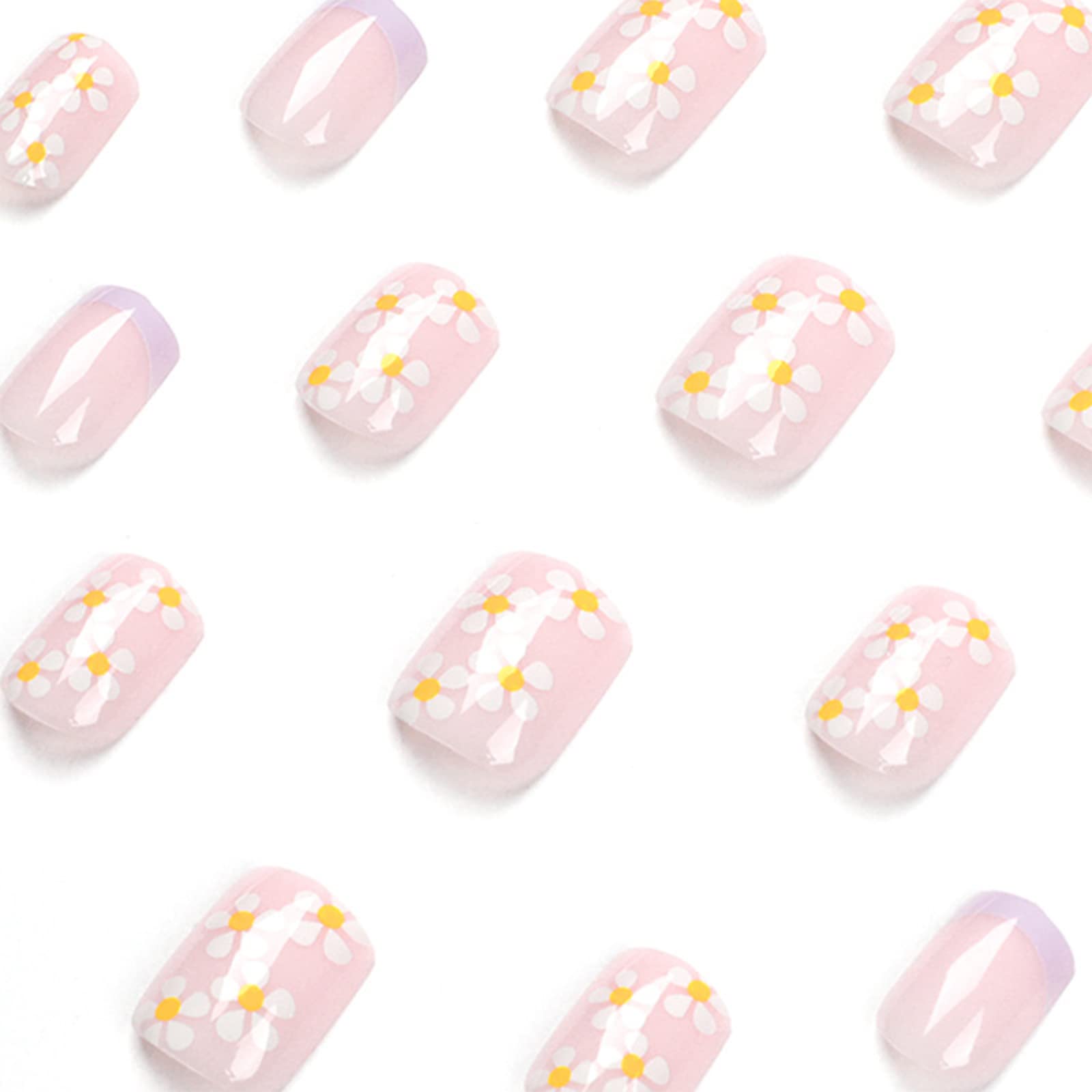 24pcs French Tip False Nails Short Stick on Nails Square Press on Nails Daisy Flower Removable Glue-on Nails Purple Fake Nails Acrylic Full Cover Nails Women Girls Nail Art Accessories