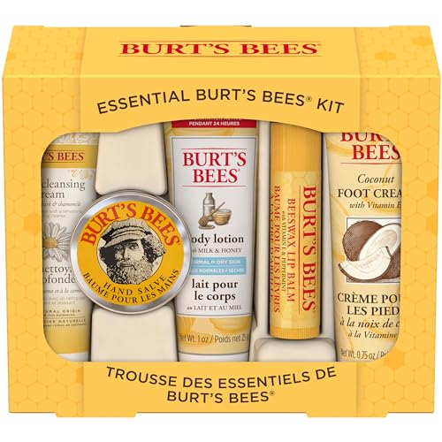 Burt's Bees Essential Gift Set, Lip Balm, Hand Salve, Body Lotion, Foot Cream & Face Cleanser, 5 Travel Size Products