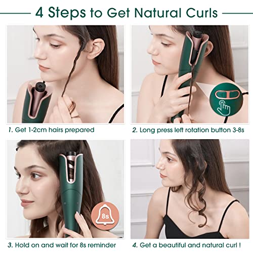 janelove Automatic Hair Curler, Curling Wand, Hair Curlers for Long Hair,170°-230° Adjustable Temperature,Ceramic Barrel, with Portable Storage Bag,(Green&Gold)