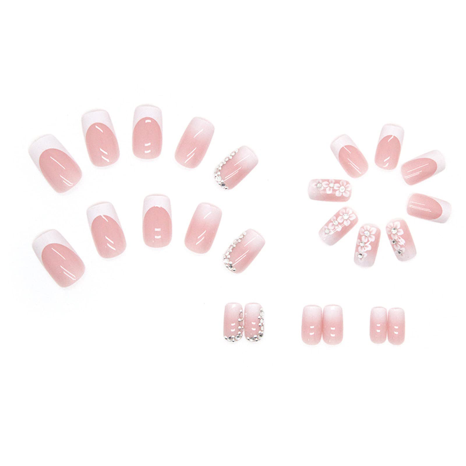 24pcs French False Nails White Tip Square Stick on Nails Flower Press on Nails with Rhinestones Removable Glue-on Nails Fake Nails Women Girls Nail Art Accessories