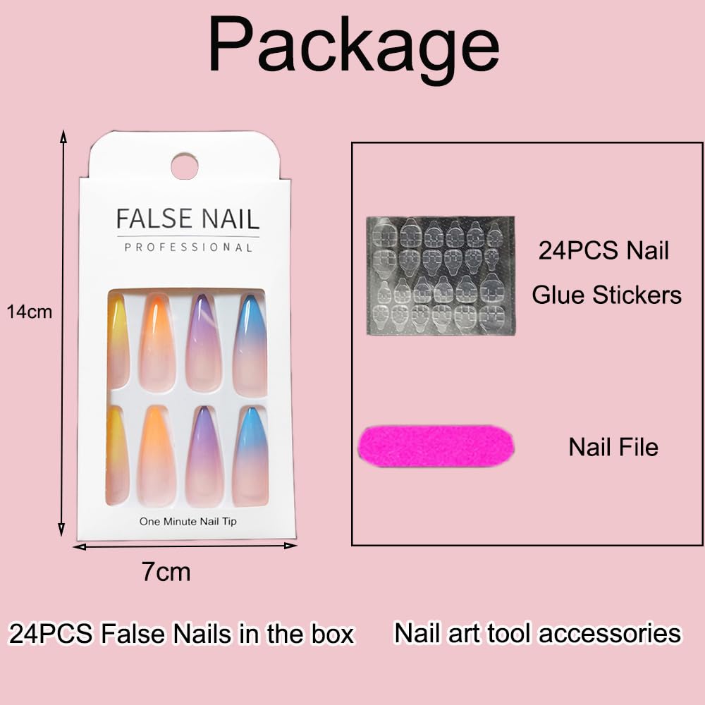 24PCS Short False Nails with Glue Stickers, Coffin Ballerina Fire Design Full Cover Acrylic Nails Press on Nails no Glue,Pink Flame French Fake Nails Stick on Nails for Women and Girls Nail Art.