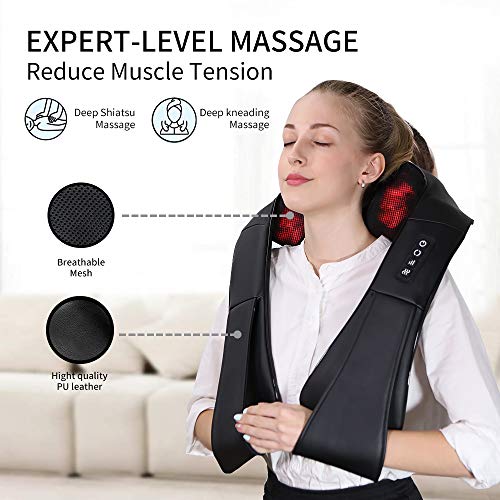 Neck Massager, Deep Tissue 3D Kneading, by iKristin, Portable, with Heat, Shiatsu Massager for Neck, Back, Shoulder, Foot and Leg, at Home and Car, Suitable for Women and Men (Black)