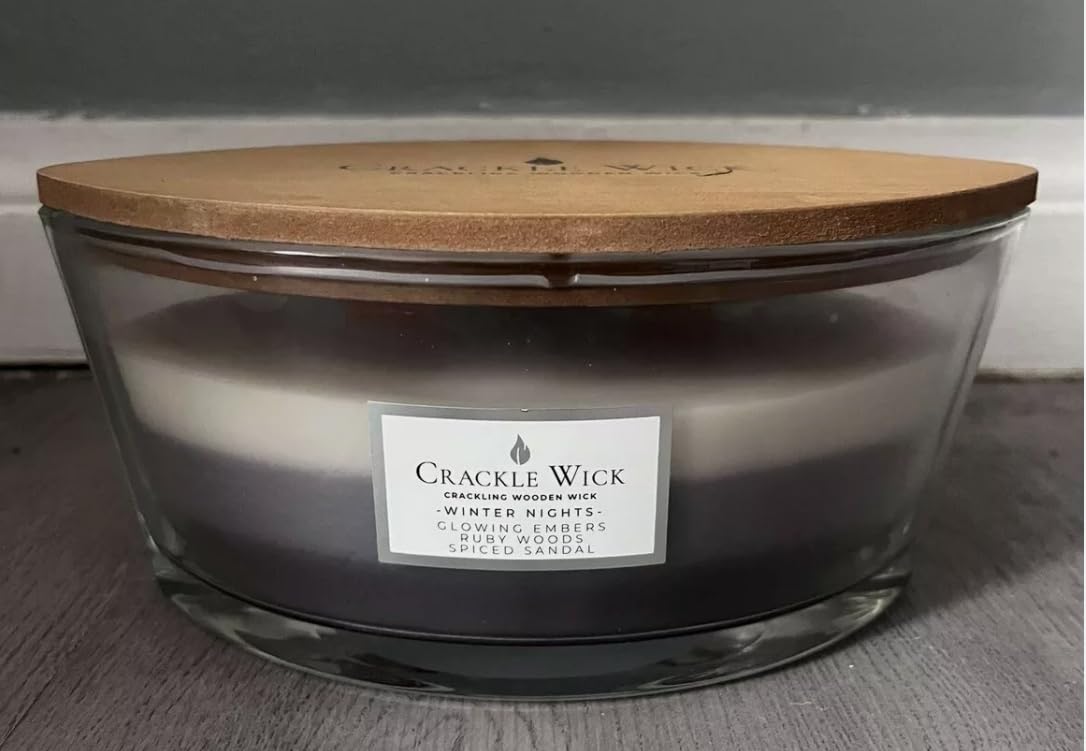 Crackle Wick Scented Candle, Ellipse Glass Jar with Lid, 485g, Cosy Winter Nights, Long-Lasting Aromas Glowing Embers, Ruby Woods, and Spiced Sandal Scented