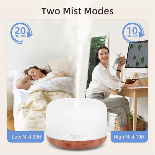 ASAKUKI Essential Oil Diffuser 500ML, Diffusers for Home with Remote Control, 5 in 1 Ultrasonic Aromatherapy Diffuser with Auto Shut Off, 4 Timing Set, 7 LED Lights for Home Office Sleep