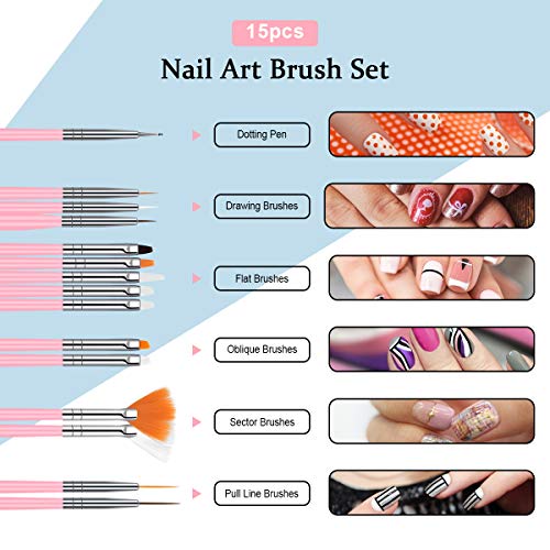 URAQT Nail Art Brushes Set, 15pcs Acrylic Nail Brush Painting Pen and 5pcs Nail Dotting Tools, Nail Pen Designer Nail Art Painting Kit for Diy & Professional Use