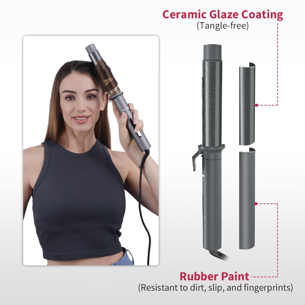 Faszin Hair Curler Curling Wand, Newbie One-Touch Automatic Curling Iron for Long Hair & Short Hair, Professional 32mm Rotating Beach Waver Curling Tongs with LCD Display&5 Adjustable Temper-Pewter