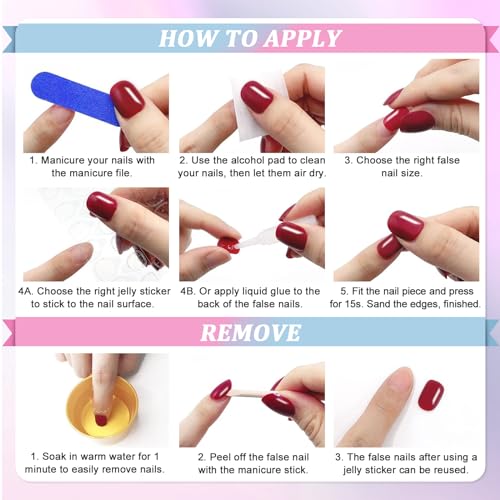 Ceboic Almond False Nails Medium, 24Pcs Wine Red French Tip Press on Nails Glossy Pure Color Gel Fake Nails, Natural Burgundy Glue on Nails Full Cover Acrylic Oval Stick on Nails for Women and Girls