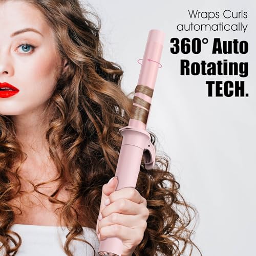 Terviiix Revolutionary Automatic Rotating Curling Iron - Professional Hair Curler for Long Hair, 25mm Ceramic Barrel with Infused Argan Oil & Keratin, 9 Heat Settings, Pink