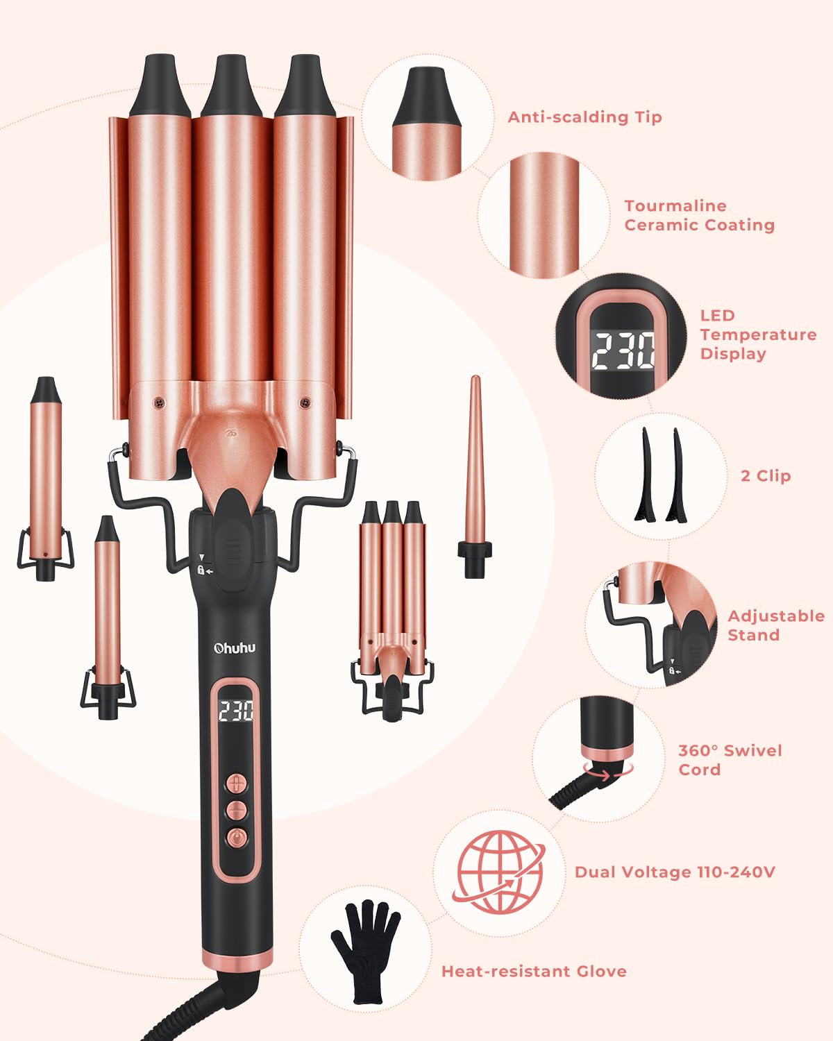 5 in 1 Hair Curler Set, Ohuhu Curling Wand with 2 Three-Barrel Curling Iron 3 Interchangeable Ceramic Barrels 0.35-1.25 Inch LED Display Temperature Adjustment Heat Protective Glove, Gift for Women